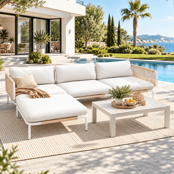 Crestlive Outdoor Sectional Sofa with Rope Armrests, 31" Oversized Seat, 4-Seat, Beige