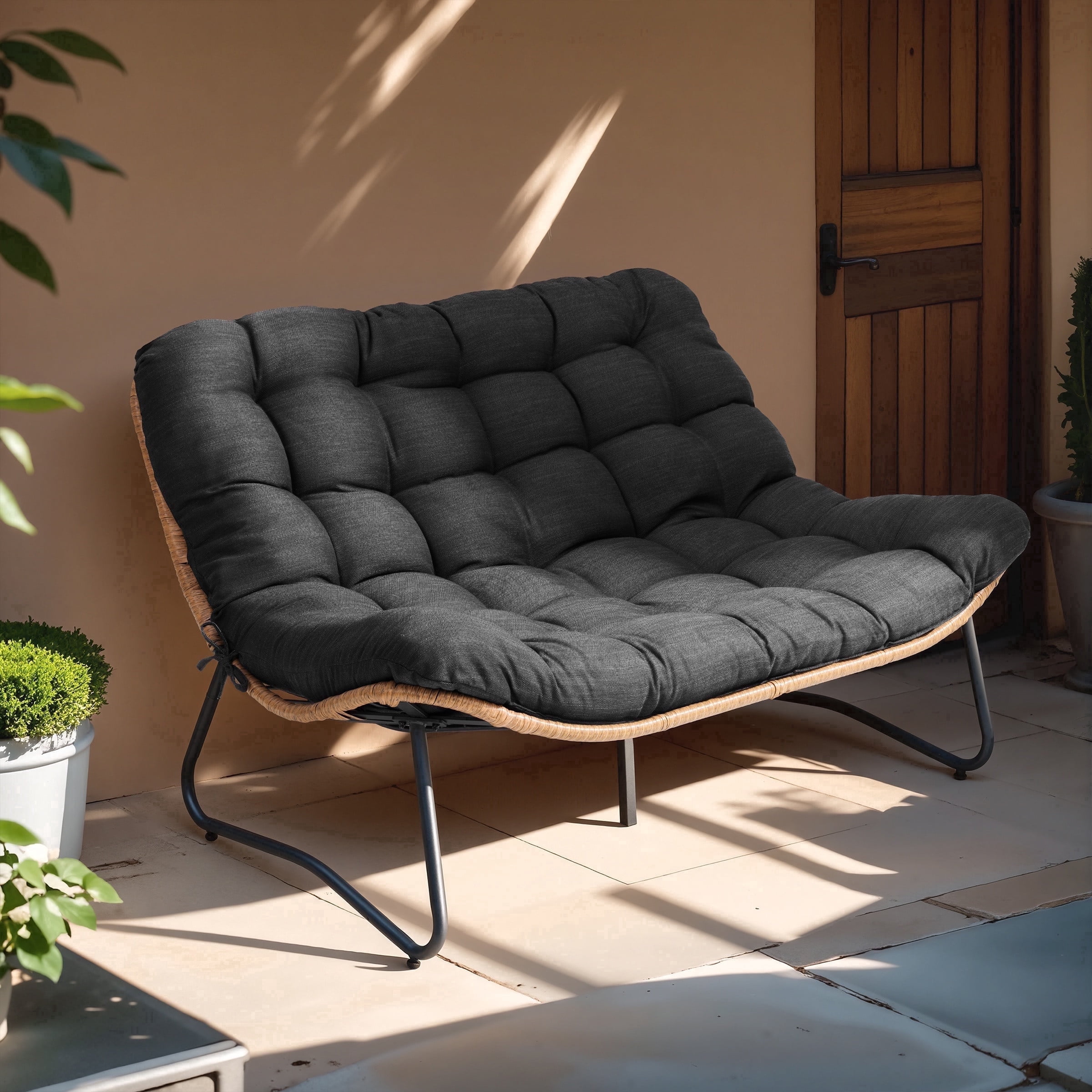 Crestlive Patio Loveseat Sofa, 2 Seater Outdoor Couch, All-Weather Rattan Large Furniture with Soft Cushions, Black