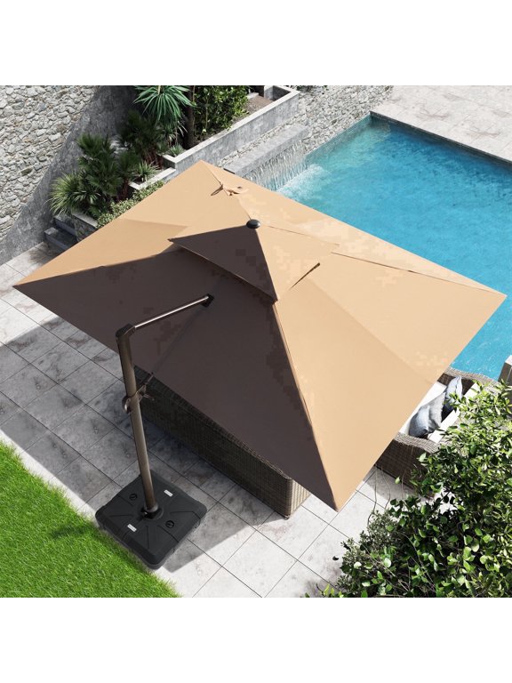 10x13ft Rectangular Cantilever Umbrella with Base, Windproof Double Top, 350lbs, 360-degree rotating, Tan