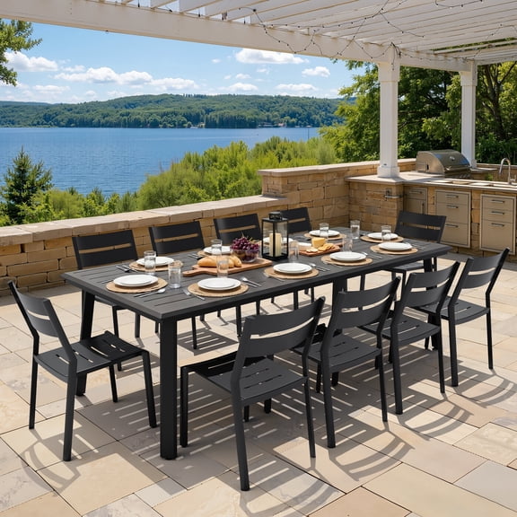 Crestlive Products 11-Piece Aluminum Outdoor Dining Set, 94" Extra Large Rectangular Patio Table and Stackable Armless Chairs Rust Proof Furniture for Family Gatherings BBQs Parties, Black