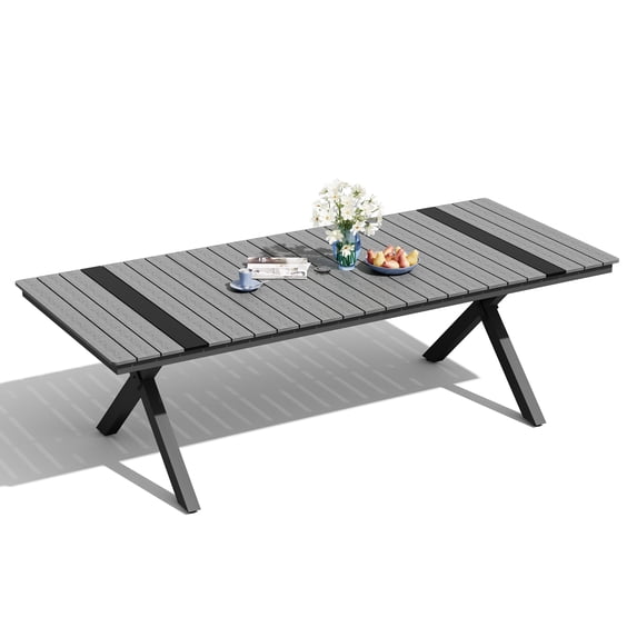 Crestlive Products 94" Outdoor Dining Table for 8-10, Aluminum Sturdy Frame with Umbrella Hole, Gray Wood-Grain Top