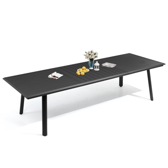 Crestlive Products 117" Patio Dining Table for 10-12, Wood-Grain Top & Aluminum Frame with Umbrella Hole, Black