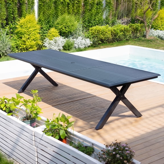 Crestlive Products 118" All Aluminum Outdoor Patio Dining Table, Weather Resistant Large Table with Umbrella Hole, Fits 8-12 People for Outdoor Scenes