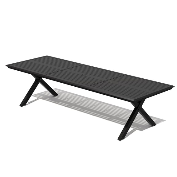 Crestlive Products 118" Outdoor Aluminum Dining Table for 12 People, Black Extra Long Patio Table with X Frame Legs and Adjustable Umbrella Hole, Heavy Duty Backyard Deck Garden Dining Tables