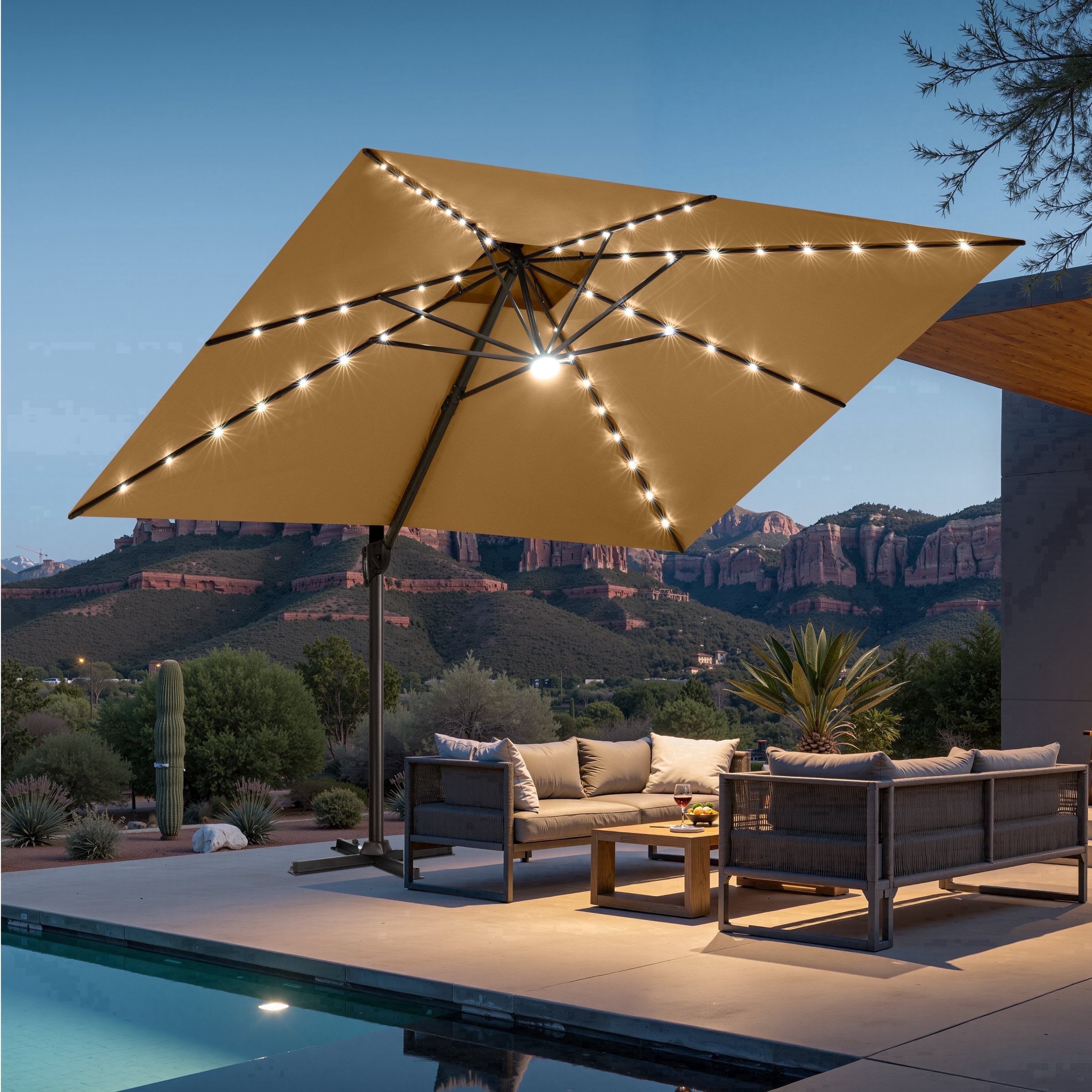 11 ft offset led patio umbrella in tan Sunnyglade Cantilever Deluxe Umbrella top design with a ventilated canopy Crestlive Products 11-ft Aluminum Tan