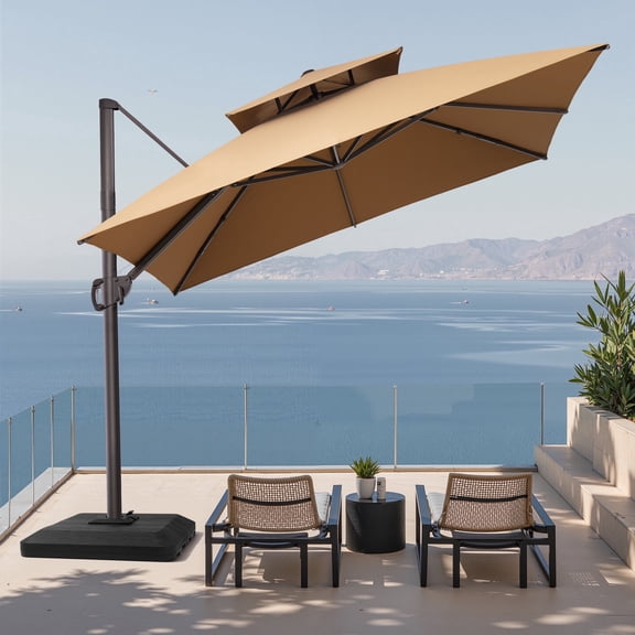 Crestlive Products 11x11FT Large Patio Cantilever Umbrella with Base, Double-Top Aluminum Offset Outdoor Umbrella, Tan