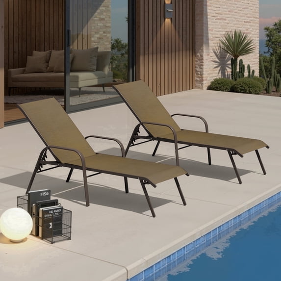Crestlive Products 2-Pack Outdoor Chaise Lounge Chair, 5‑Position Adjustable Patio Recliner, Brown