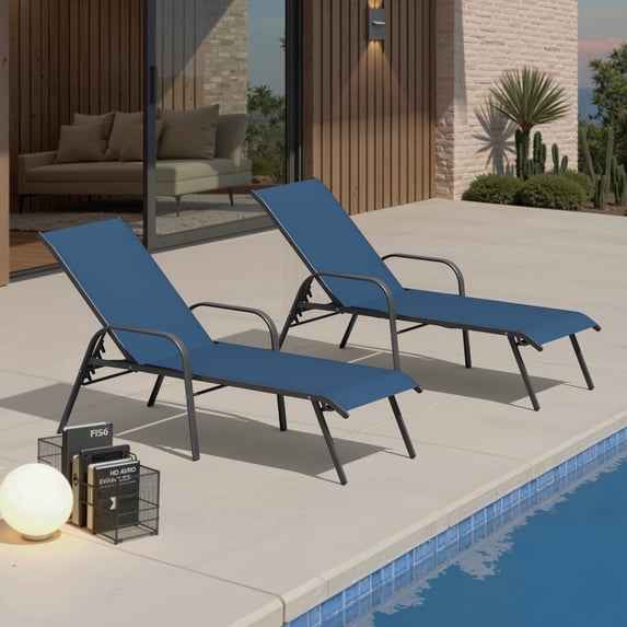 Crestlive 2-Piece Patio Pool Chaise Lounge Chair, 5-Position, Navy Blue