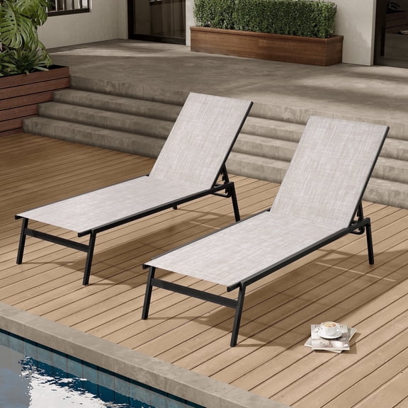 Crestlive Products 2-Pack Outdoor Chaise Lounge Chairs, Stackable Patio Recliner Chair With 5-Position Adjustment, Beige