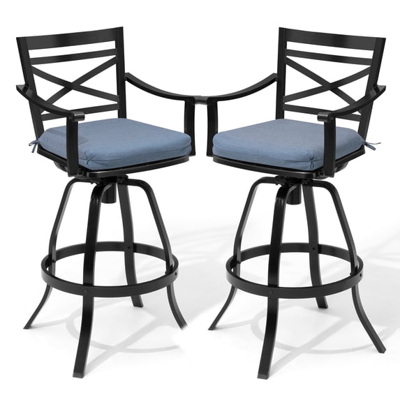 Crestlive Products Cast Aluminum Outdoor Swivel Bar Stools Set of 4, Heavy Duty Patio Bar Height Chairs with Sunbrella Cushions, All-Weather Outdoor Bar Chairs (Denim Blue)