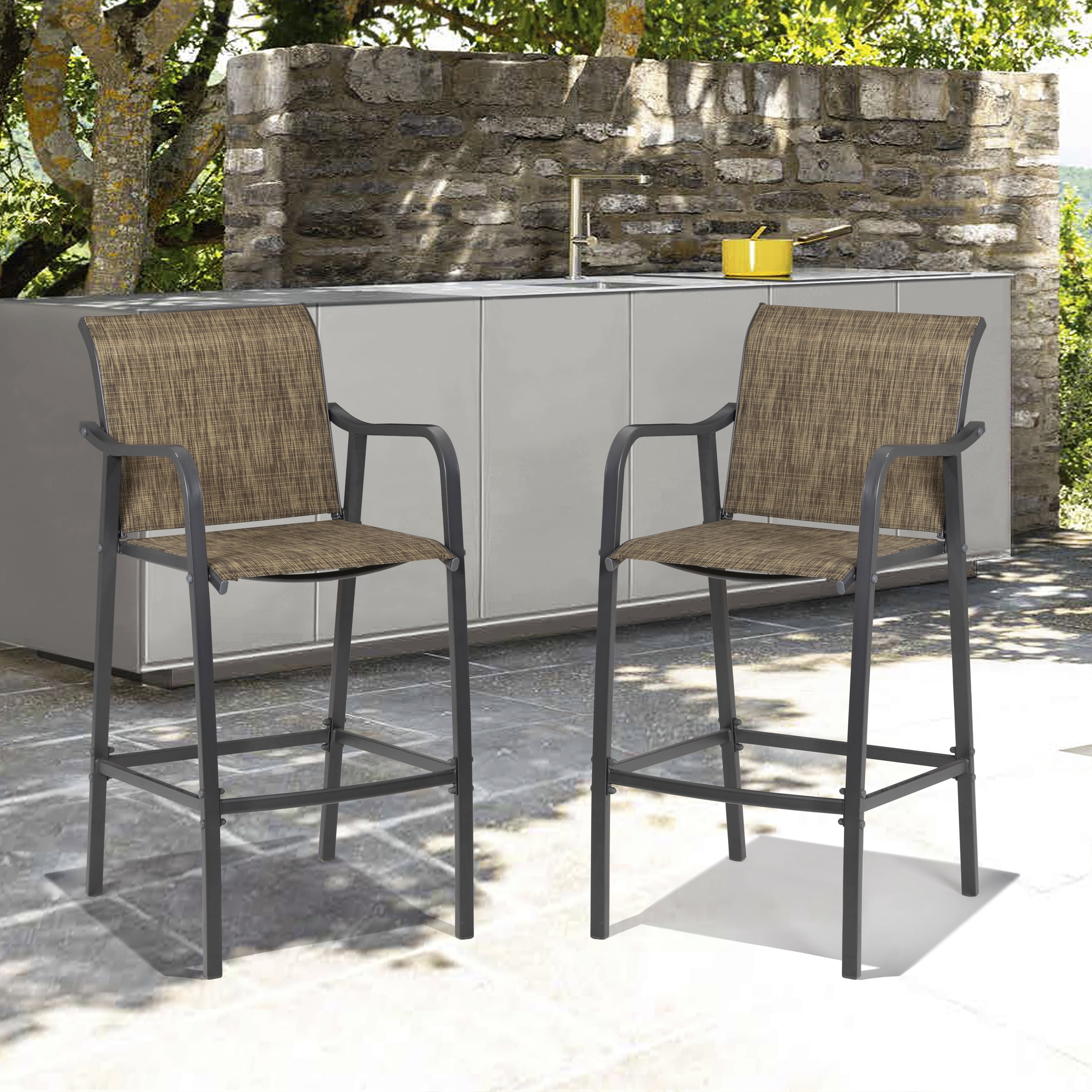 Earth Tone Steel and Textilene Outdoor Bar Stools Set of 2