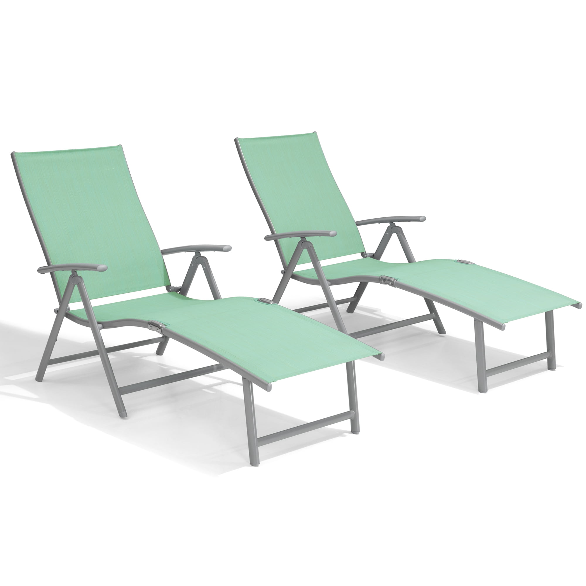 Green Aluminum Folding Outdoor Chaise Lounge Chairs, Set of 2