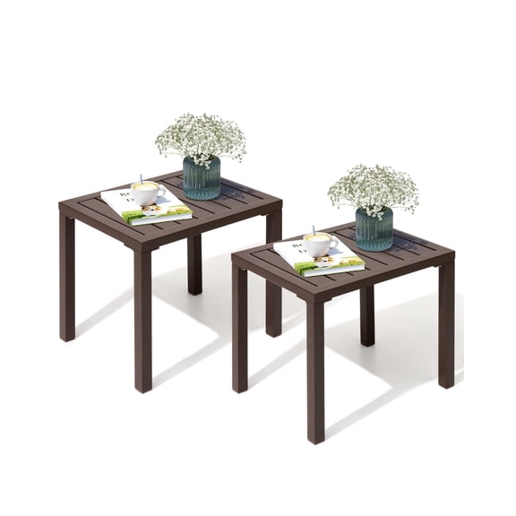 Crestlive Products 2PCS Outdoor Side Table, 18" x 13.8" Rectangular Aluminum Patio Small End Table, All-Weather Metal Patio End Table, Brown