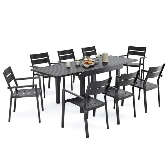 Crestlive Products 41"- 82" Extendable Outdoor Dining Table Set for 6-8, 9-Piece Patio Dining Table and Armchairs with Umbrella Hole, Black + Gray