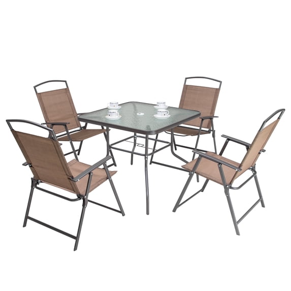 Crestlive Products 5 Pcs Patio Dining Set with Umbrella Hole, Textilene Chairs & Tempered Glass Table, Steel Frame for Garden Deck Backyard, Brown