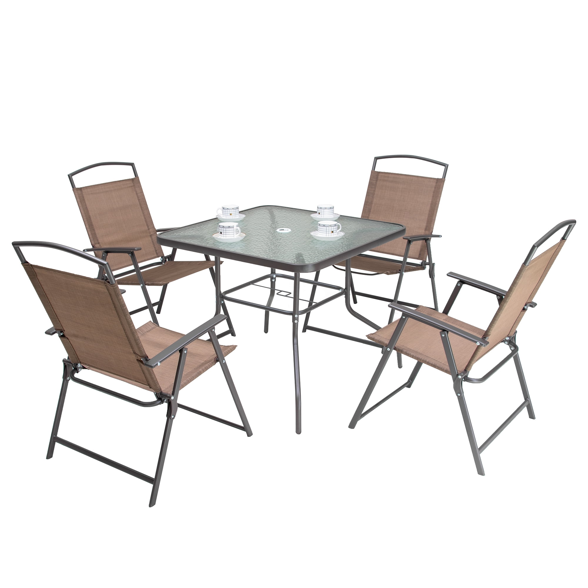 Brown Steel and Glass 5-Piece Patio Dining Set with Umbrella Hole