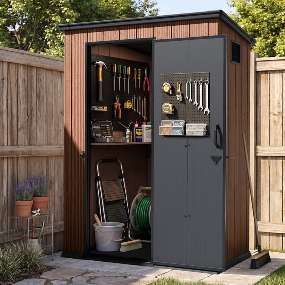CRESTLIVE 5x3ft Lean-to Rust Resistant Plastic Outdoor Storage Shed, Waterproof Resin Garden Shed with Floor, Doors, Storage Cabinet, Window for Backyard Patio Outdoor Use,Brown