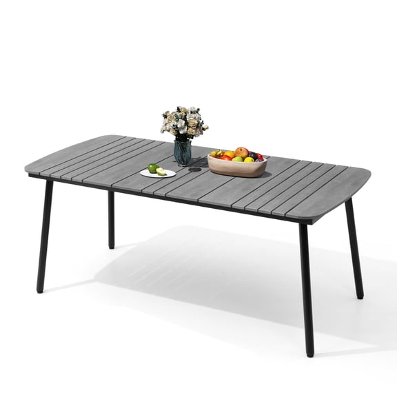 Crestlive Products 70" Outdoor Dining Table for 6 Grey Patio Table with Umbrella Hole Rectangle Table with Aluminum Frame and Wood-Like Tabletop for Lawn Backyard Garden Poolside