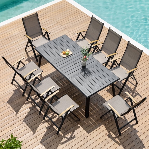 Crestlive Products 9-Piece Outdoor Dining Set for 8 with Foldable Chairs & Umbrella Hole, Espresso
