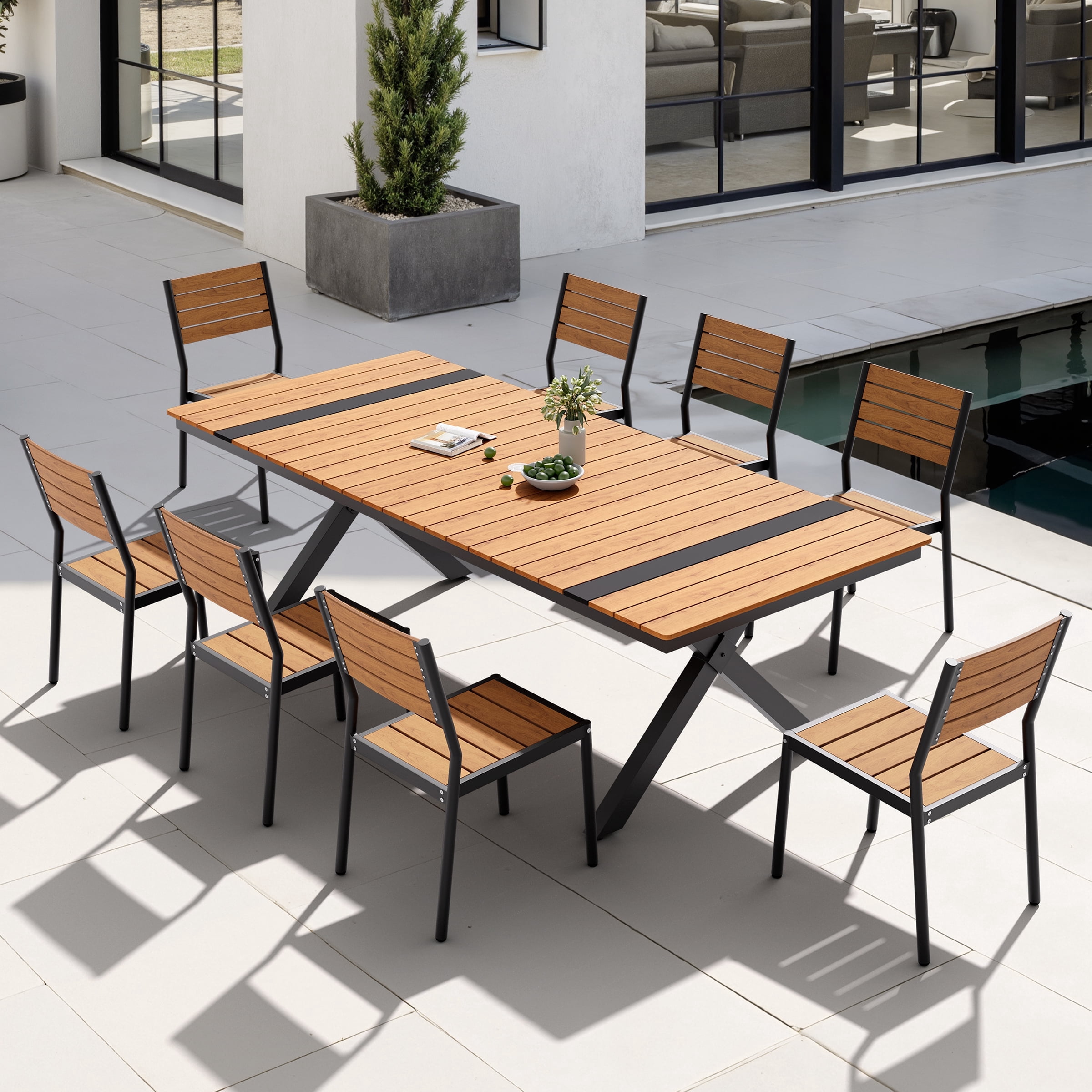 9pc teak patio table dining sets with umbrella furniture Rinjani Outdoor Set (Teak 59" Square 8 Tista Teak Armchairs +FREE Cushions +FREE +FREE Cover) resistant and corrosion Crestlive Products 9-Piece Patio Outdoor