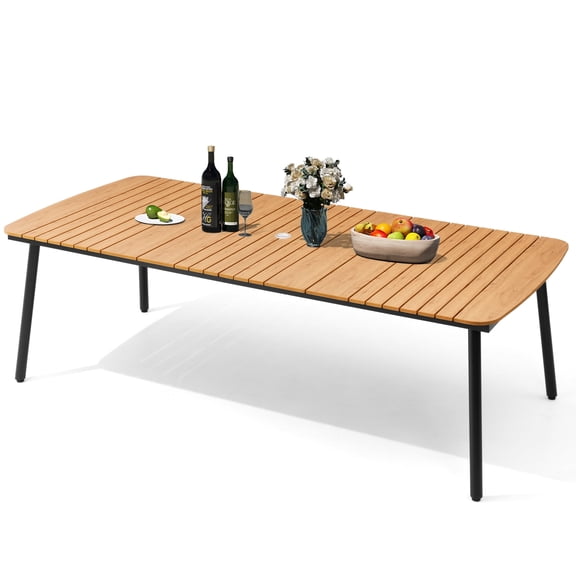 Crestlive Products 93" Outdoor Dining Table for 10 Brown Patio Table with Umbrella Hole Rectangle Table with Aluminum Frame and Wood-Like Tabletop for Lawn Backyard Garden Poolside