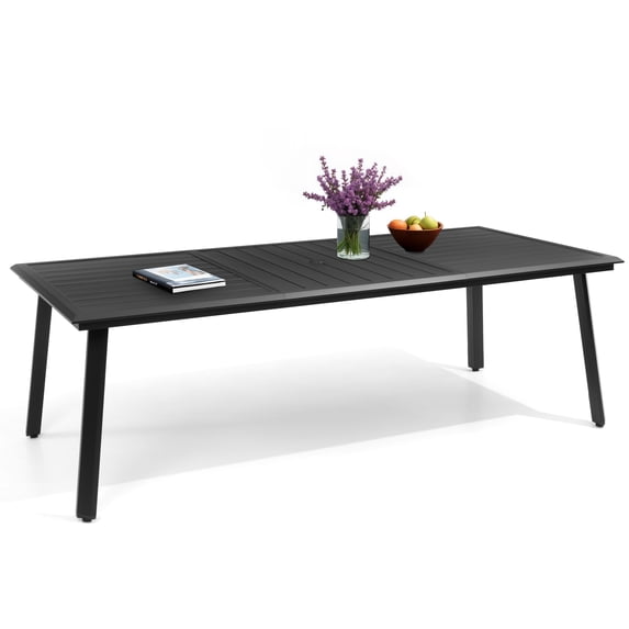 Crestlive Products 94" Patio Dining Table for 8-10, Wood-Grain Top & Aluminum Frame with Umbrella Hole, Black