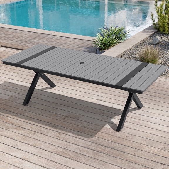 Crestlive Products 94" Outdoor Dining Table for 8-10, Aluminum Sturdy Frame with Umbrella Hole, Gray Wood-Grain Top
