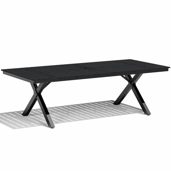 Crestlive Products 94" Outdoor Dining Table for 8-10, Aluminum Sturdy Frame with Umbrella Hole, Black Wood-Grain Top