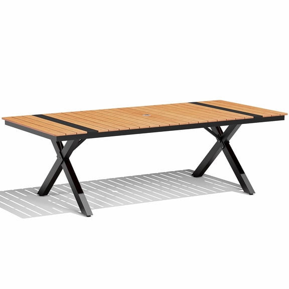 Crestlive Products 95" Aluminum Patio Dining Table for 8-10 Persons, WPC Wood-Like Tabletop, with Umbrella Hole, All-Weather Large Furniture, Brown