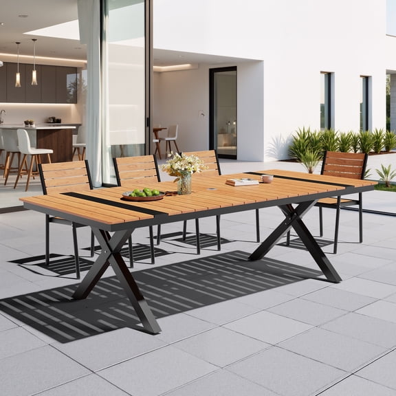 Crestlive Products 94" Outdoor Dining Table for 8-10, Aluminum Sturdy Frame with Umbrella Hole, Teak Wood-Grain Top