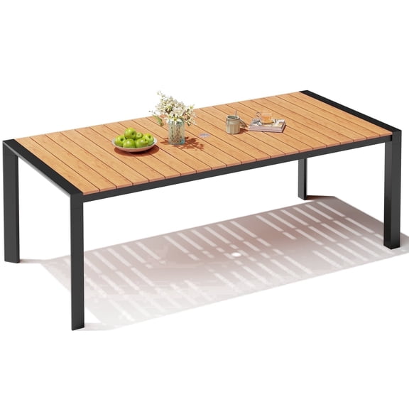 Crestlive Products 95" Aluminum Outdoor Patio Dining Table for 10-12 Persons, Wood Grain Tabletopwith Umbrella Hole, All-Weather Large Furniture, Brown