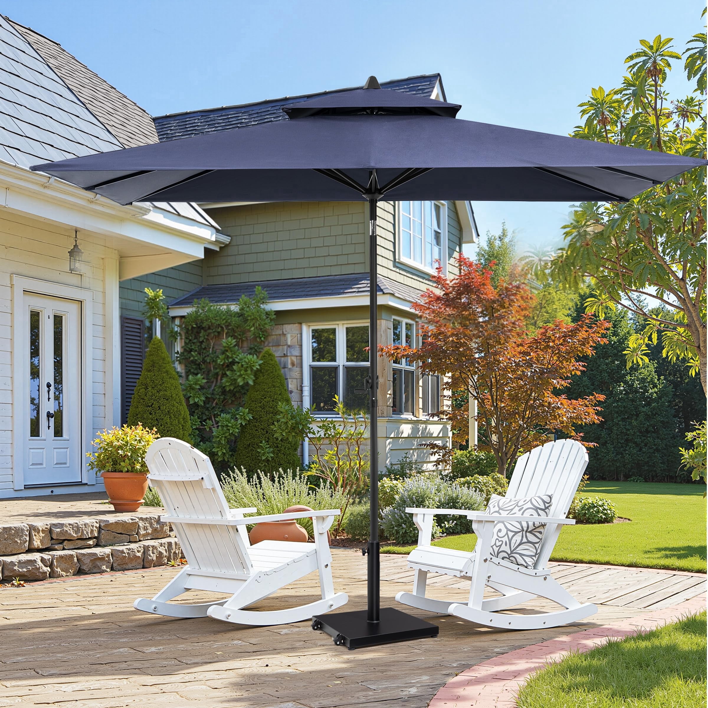 Crestlive Products 9x5ft Patio Umbrella with Base Included , Umbrella with Fade-Resistant Canopy, 43-lb Heavy-Duty Concrete Umbrella Stand with Wheels for outdoor