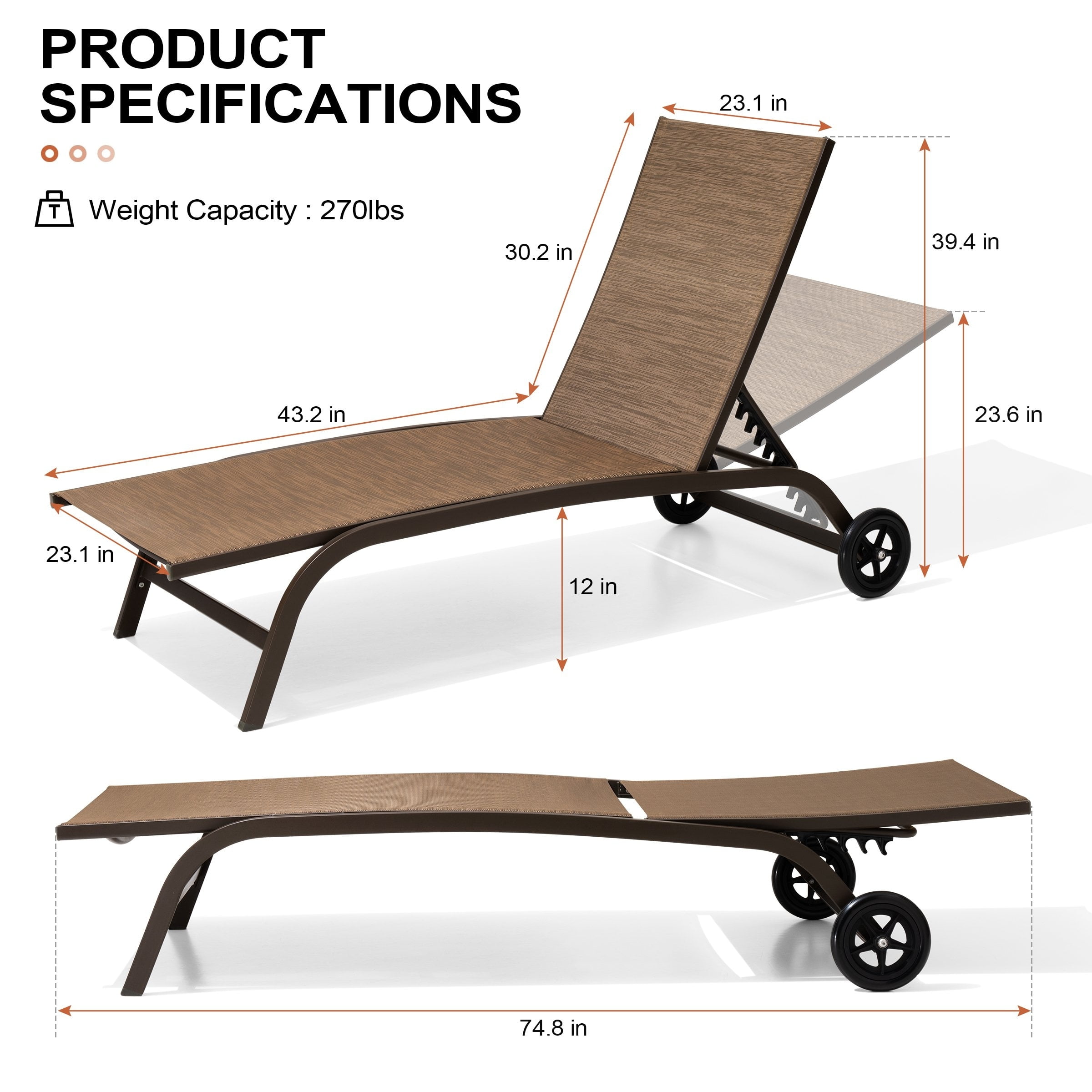 Brown Aluminum Adjustable Outdoor Chaise Lounge Set with Wheels