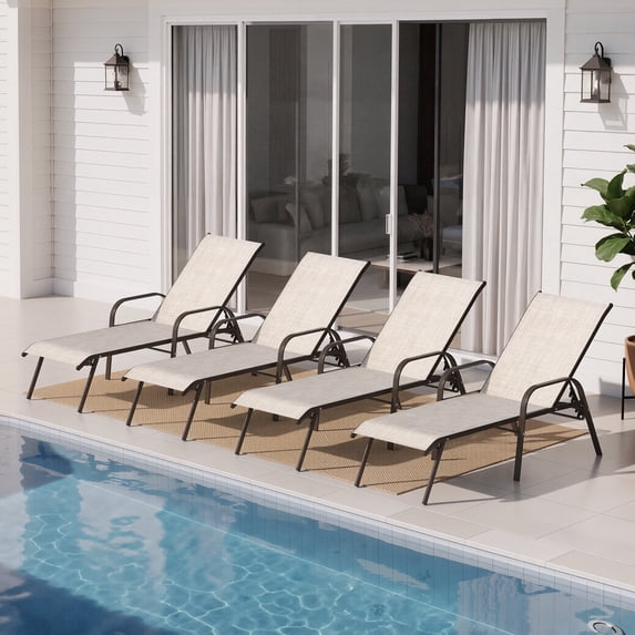 Crestlive Products Adjustable Steel Chaise Lounge Chair, 5‑Position Recliner with Rust-Resistant Frame (4PCS Beige)