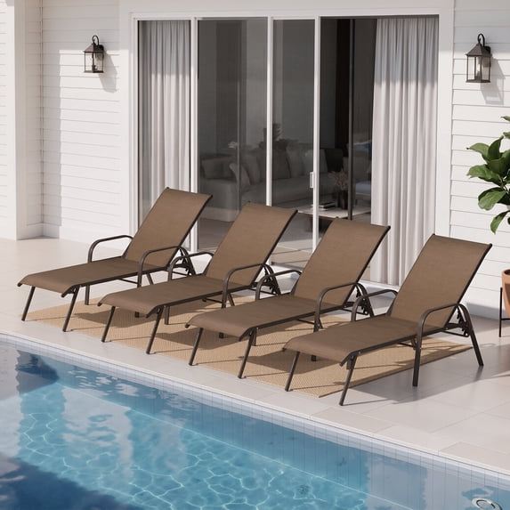 Crestlive Products Adjustable Steel Chaise Lounge Chair, 5‑Position Recliner with Rust-Resistant Frame (4PCS Brown)