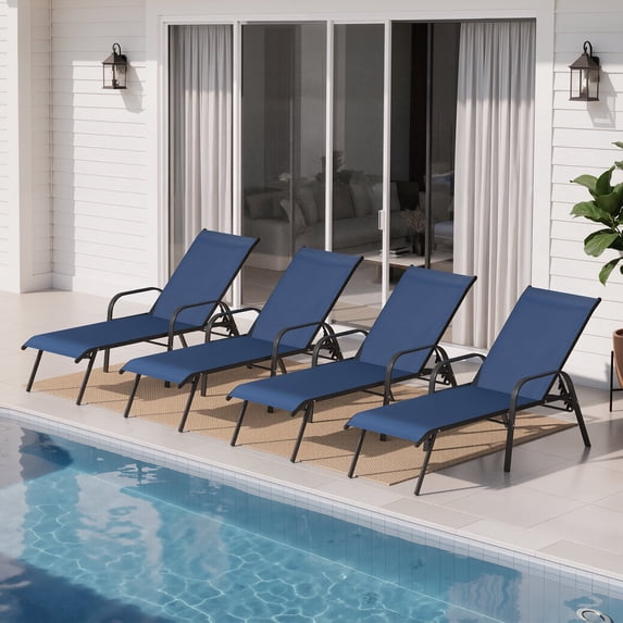 Crestlive Products Adjustable Steel Chaise Lounge Chair, 5‑Position Recliner with Rust-Resistant Frame (4PCS Navy Blue)