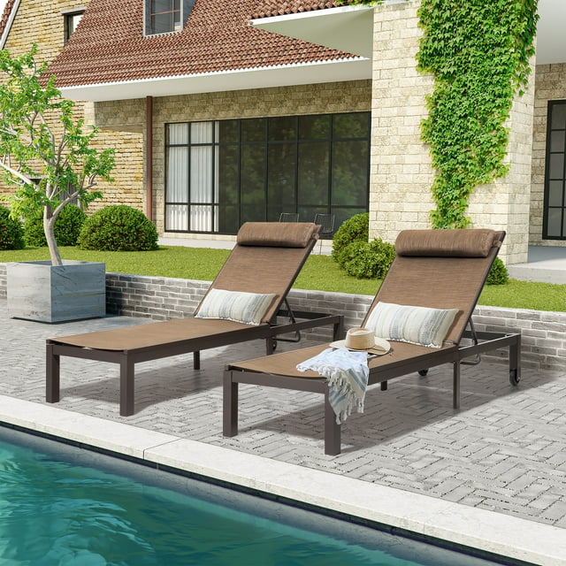 Crestlive Products Brown  Aluminium Adjustable Patio Pool Chaise Lounge Chairs (Set of 2)