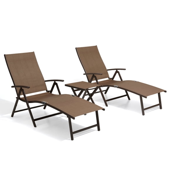 Crestlive Products Brown Outdoor Folding Patio Chaise Lounge Chair, Aluminum Recliners and Table Set