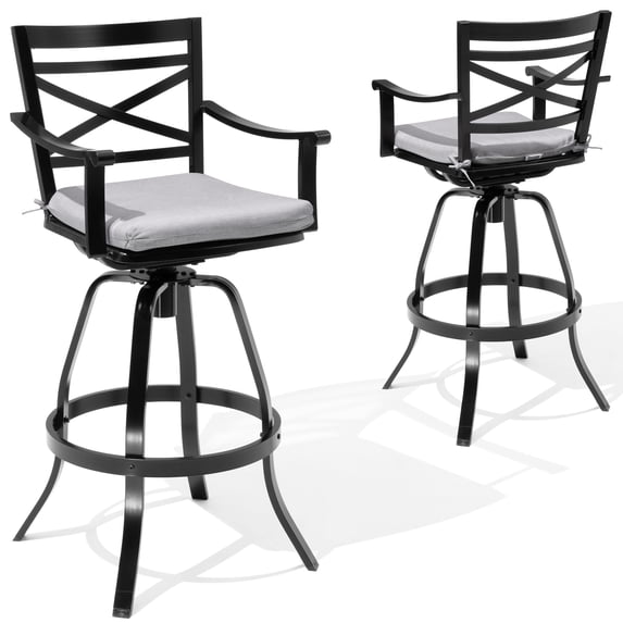 Crestlive Aluminum Outdoor Swivel Bar Stools with Sunbrella Cushions, Set of 2, Cast Silver