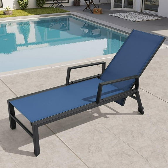 Crestlive Products Chaise Lounge Outdoor, Air Pressure Adjustable Backrest, Aluminum Patio Lounge Chairs with Wheels, Reclining Chair with Armrests for Pool, Backyard, Beach(Navy)