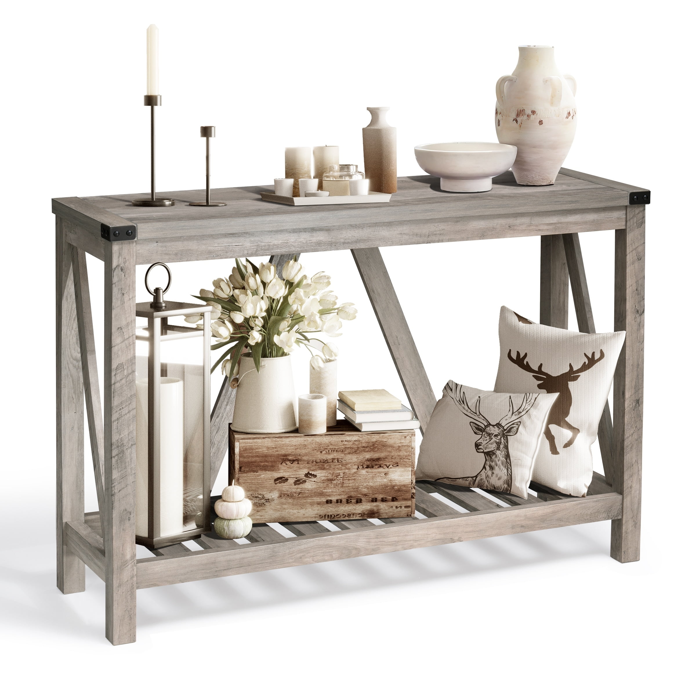 43.3" Farmhouse Console Table - C-Shaped Entryway Table With Storage, Behind Couch Sofa Table, Brown