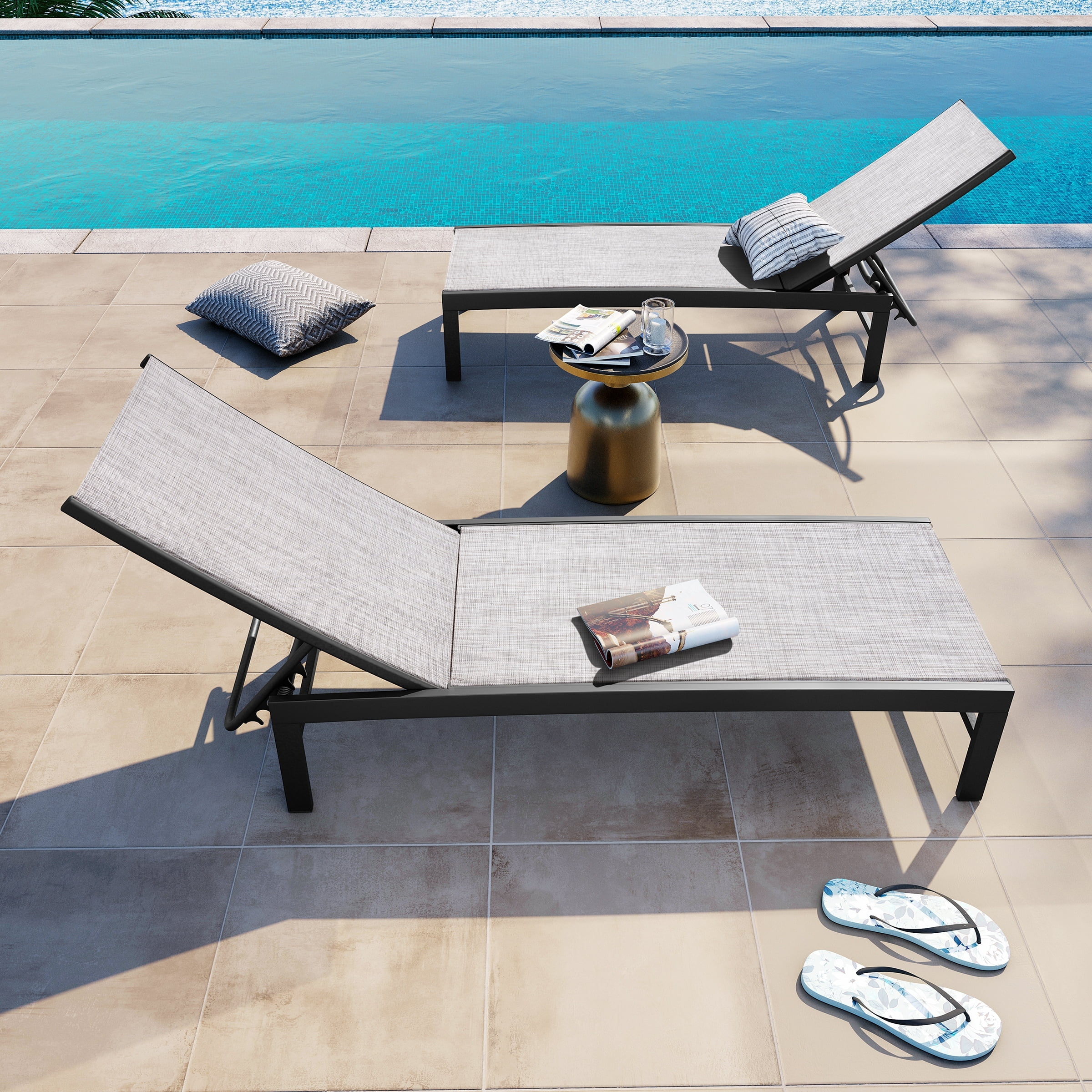 Set of 2 Adjustable Aluminum Chaise Lounge Chairs with Earth Fabric