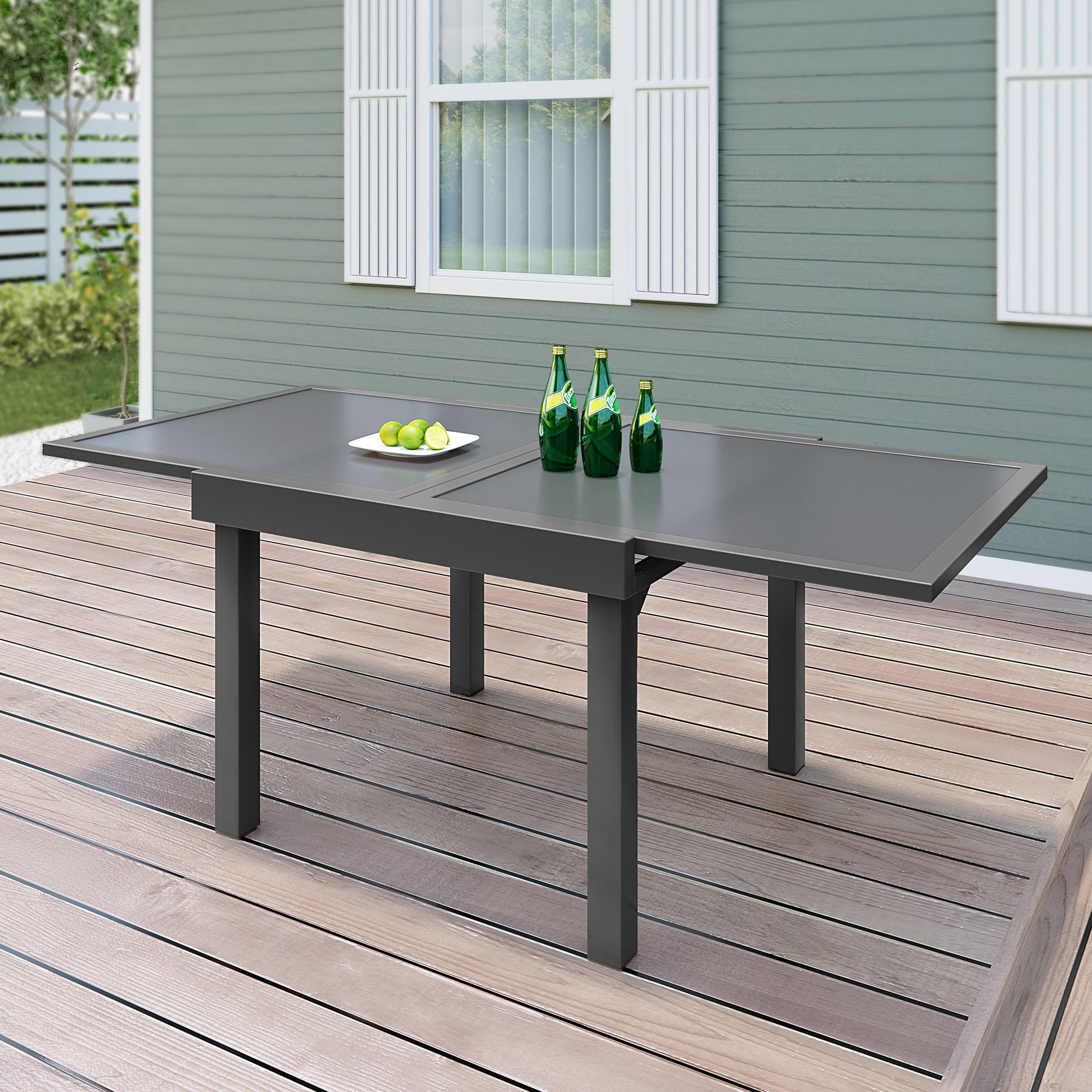 Light Gray Aluminum Extendable Outdoor Dining Table with Glass Top