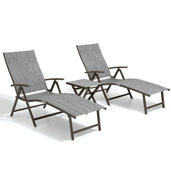 Crestlive Products Gray Outdoor Folding Patio Chaise Lounge Chair, Aluminum Recliners and Table Set