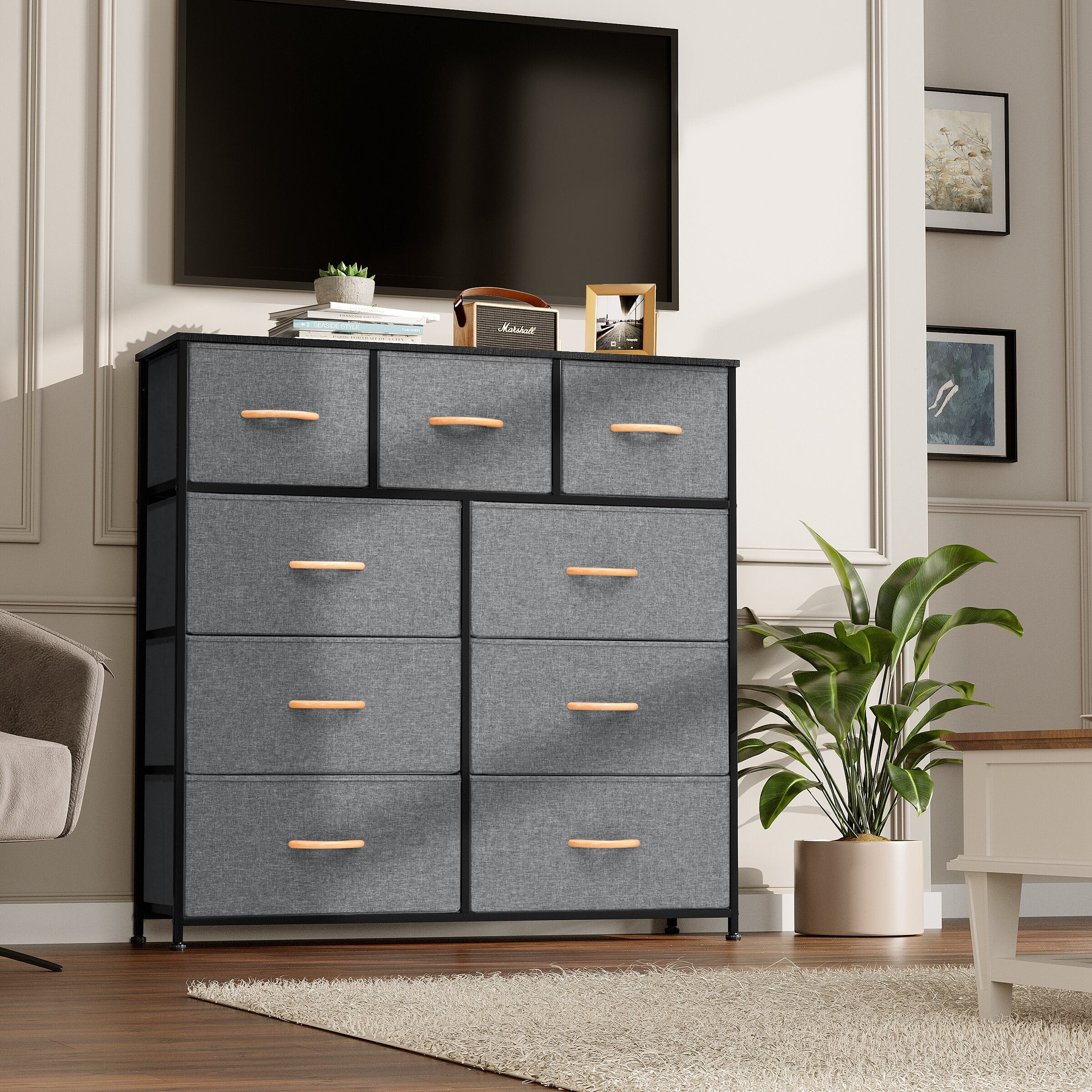 Gray Vertical 9-Drawer Fabric and MDF Dresser with Wooden Handles