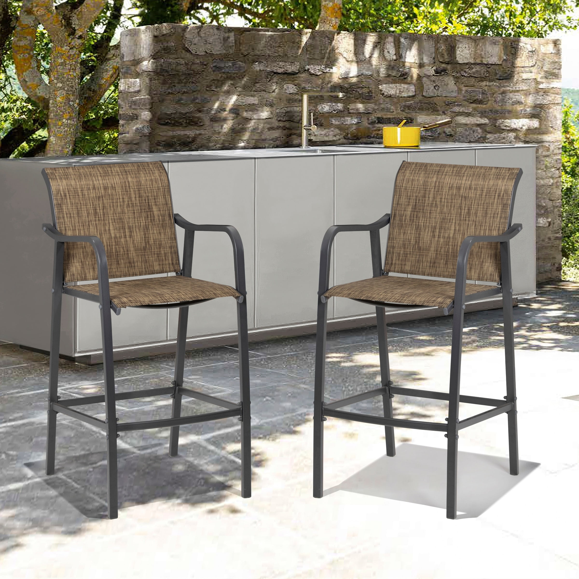 Earth Tone Steel and Textilene Outdoor Bar Stools Set of 2