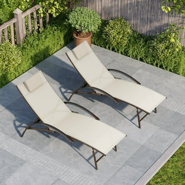 Crestlive Products Outdoor Adjustable Reclining Chaise Lounge Chairs with Arms & Headrest (Set of 2) Tan, Steel Frame