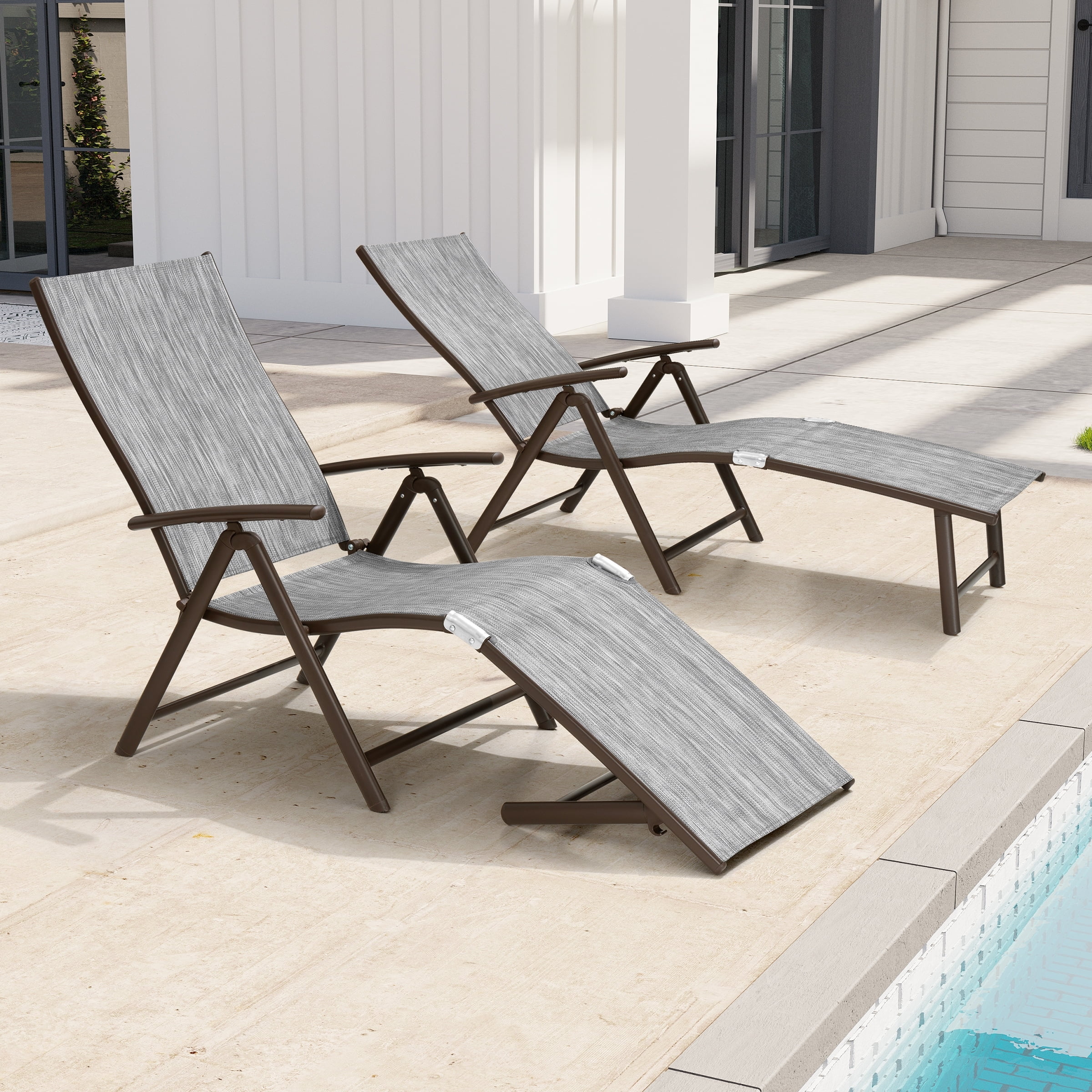 Set of 2 Gray and Brown Aluminum Adjustable Chaise Lounges