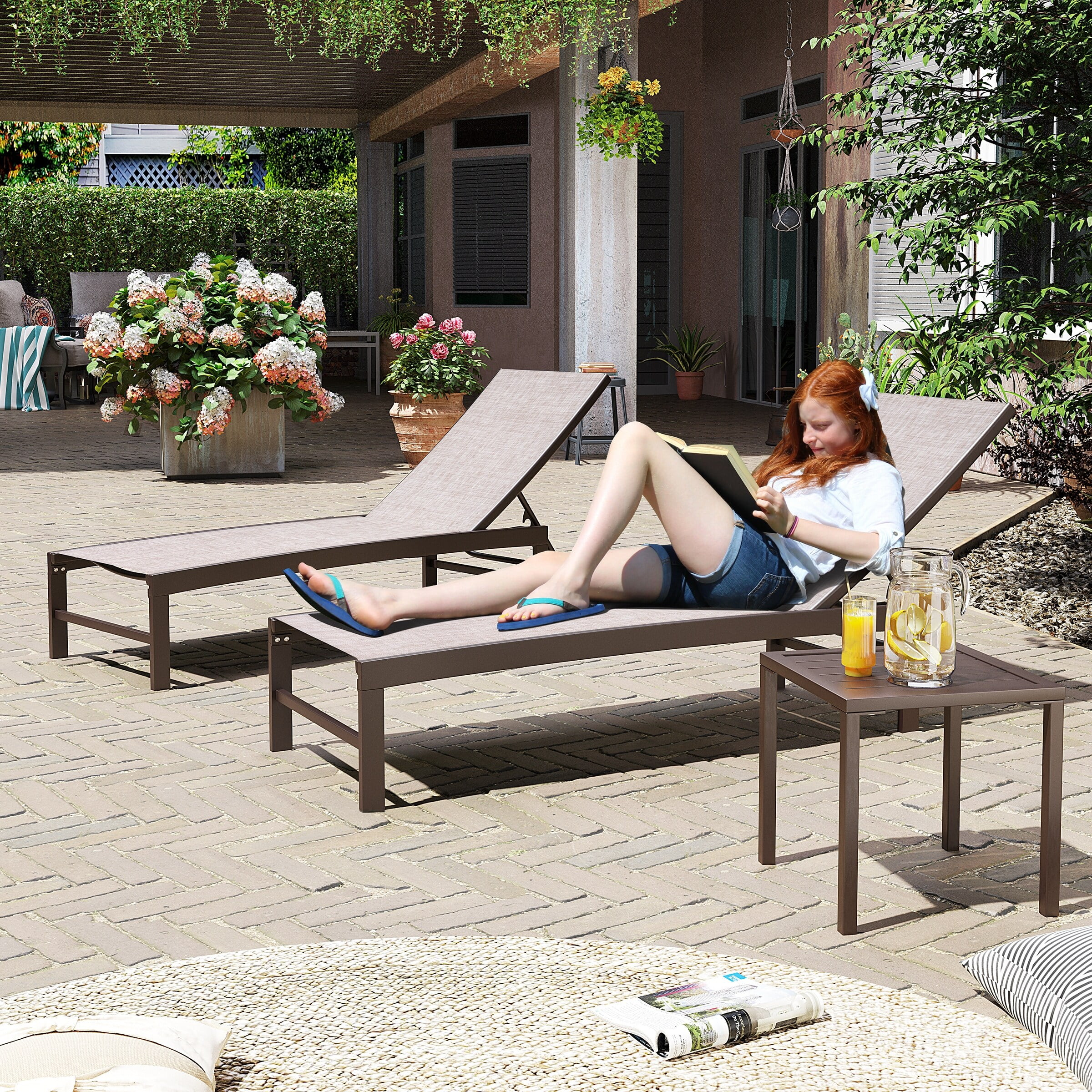 Beige and Brown Aluminum 3-Piece Outdoor Lounge Set with Table