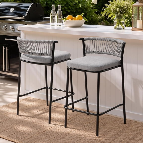 Crestlive Products Outdoor Bar Stools Set of 2, 26" Counter Height Stackable Modern Patio Bar Chairs with Rattan Back and Metal Frame, for Garden Deck Pool Backyard